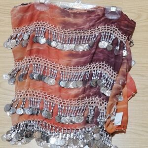 Renaissance Belly Dance Hip Scarf Orange Tie Dye w Silver Coins ~New~ Firm Price